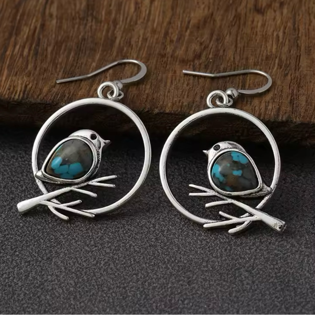 Bohemia Blue Turquoises Kingfisher Bird Earrings